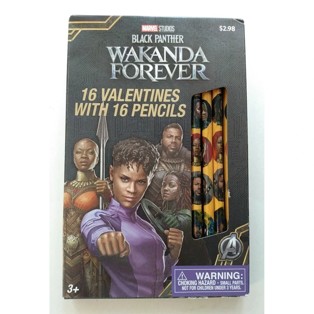 Valentines Day Cards Box of 16 Black Panther Wakanda Forever W/ Pencils RARE HTF